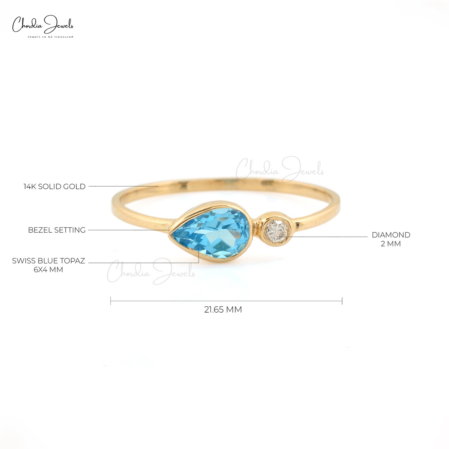 Dual Stone Wedding Rings With 6x4mm Swiss Blue Topaz And Diamond 14k Yellow Gold Ring