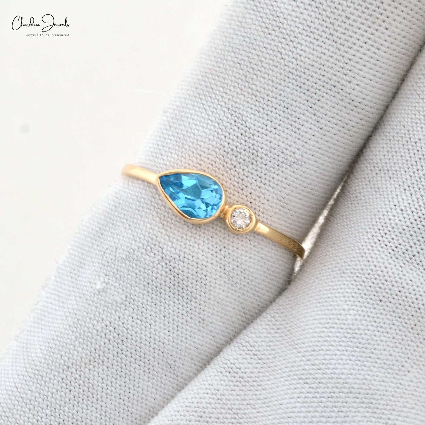 Dual Stone Wedding Rings With 6x4mm Swiss Blue Topaz And Diamond 14k Yellow Gold Ring