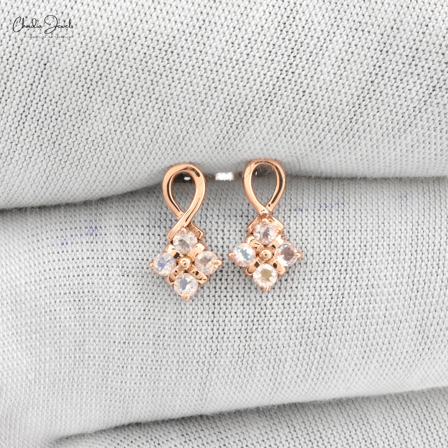 Real 14k Rose Gold 4 Stone Studs With 2mm Rainbow Moonstone Twisted Dainty Earrings