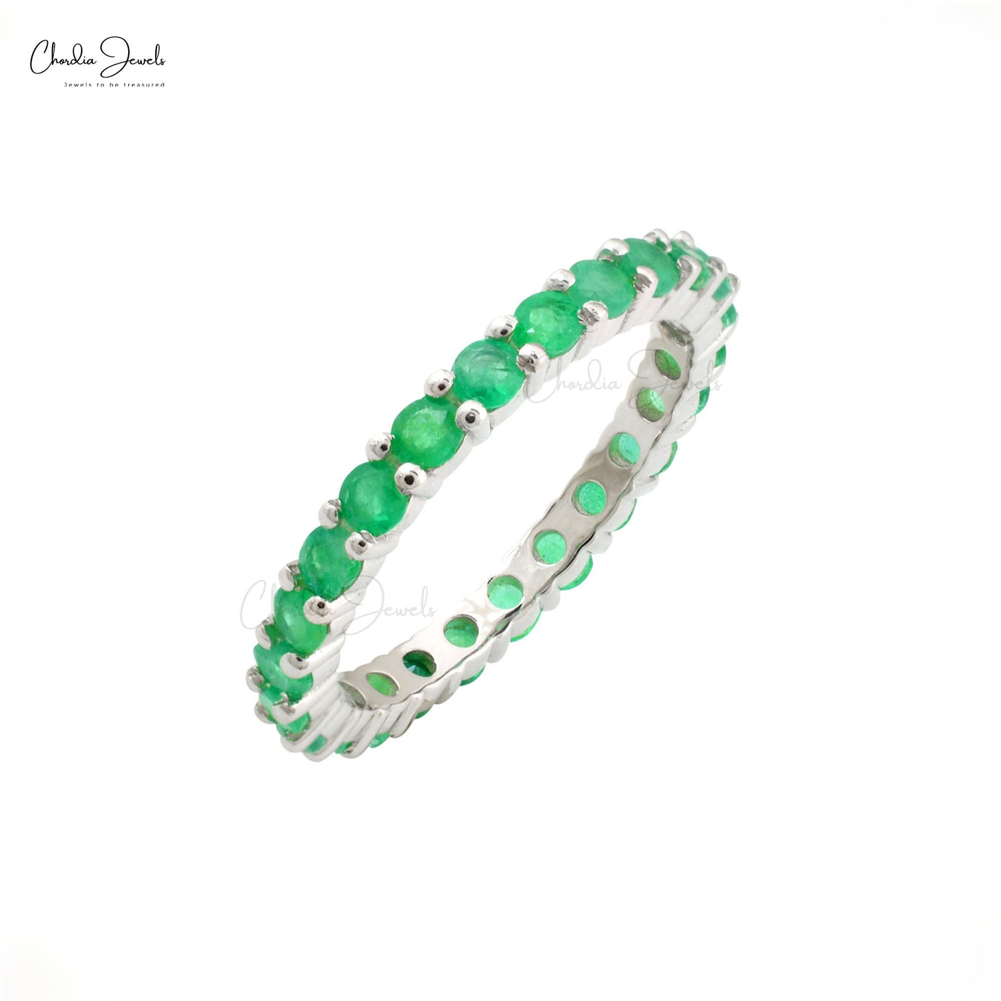 Brilliant Cut Dainty Band With 2.5mm Emerald Gemstone Eternity Ring In 14k White Gold