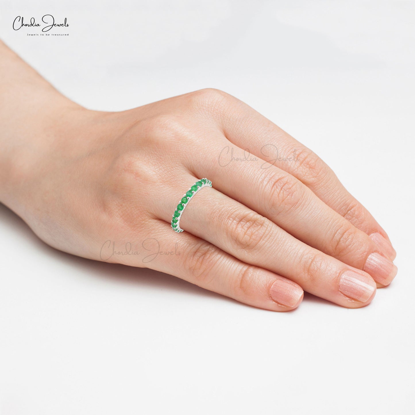 14k White Gold Stackable Band 1.26Ct Zambian Emerald Gemstone Eternity Rings For Her