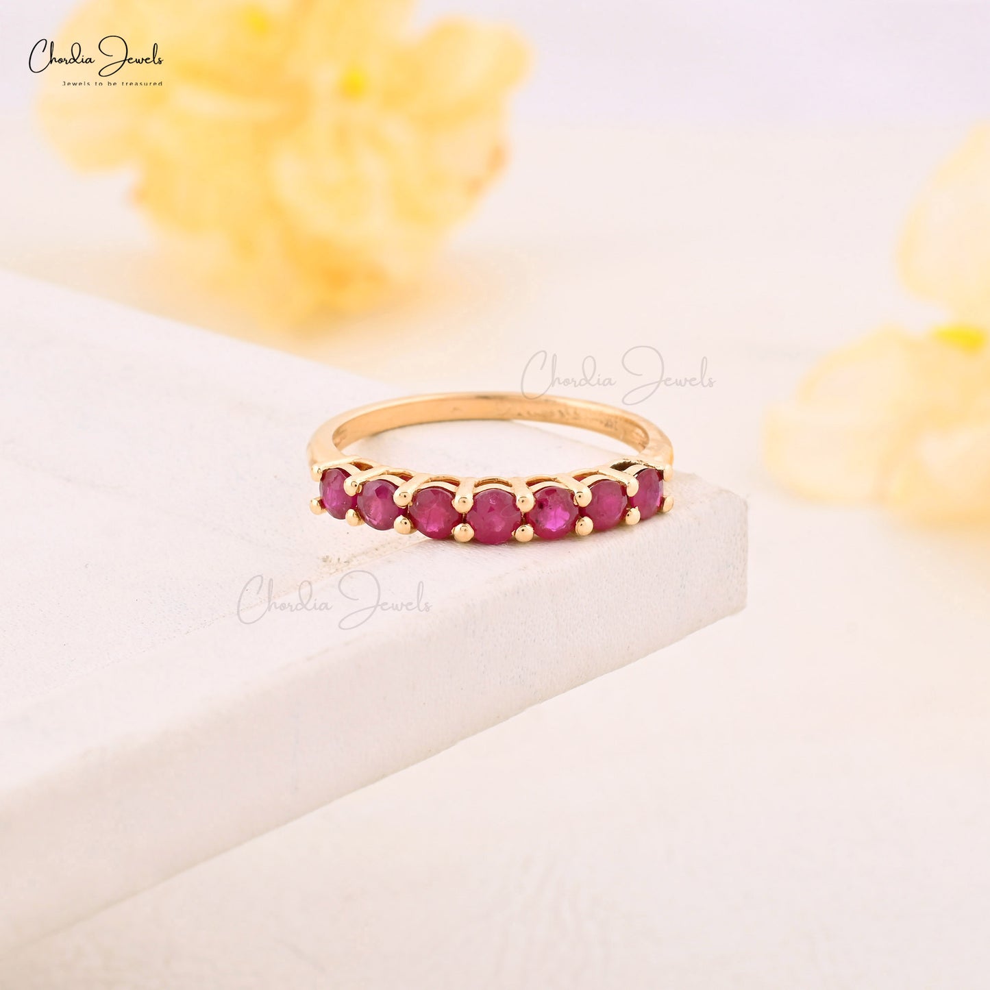 Half Eternity 7 Stone Band In 14k Yellow Gold Ruby 3mm Gemstone Stackable Ring Size US6