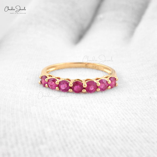 Half Eternity 7 Stone Band In 14k Yellow Gold Ruby 3mm Gemstone Stackable Ring Size US6