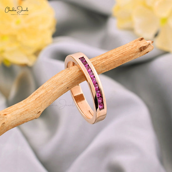 Solid 14k Gold Stacking Band With 0.32Ct Pink Sapphire Halfway Rings For Her