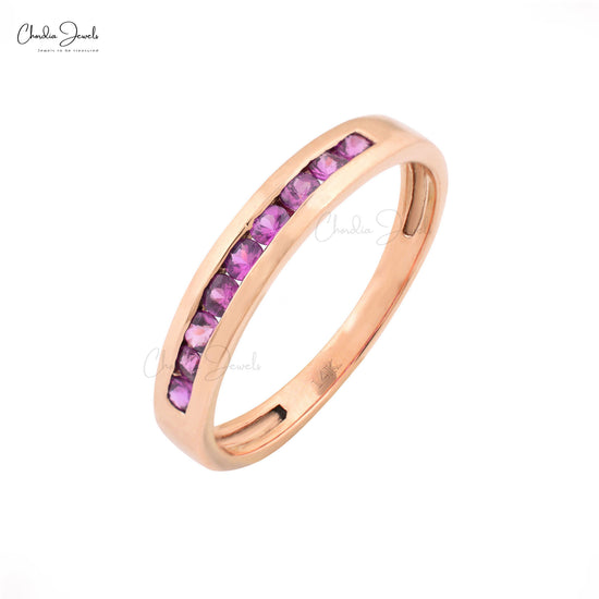 Solid 14k Gold Stacking Band With 0.32Ct Pink Sapphire Halfway Rings For Her