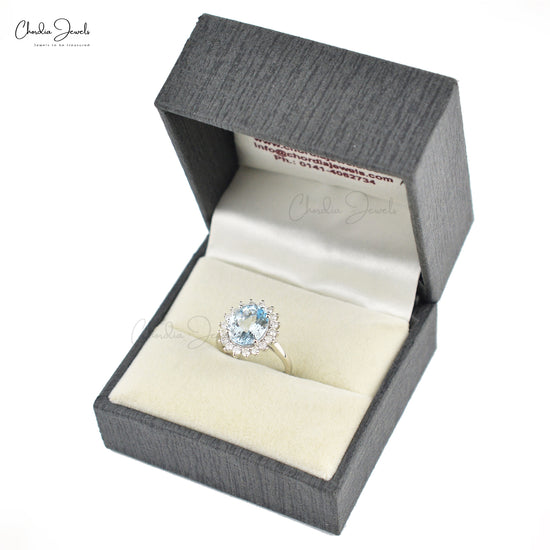 Halo Engagement Ring In Real 14k White Gold Aquamarine And Diamond Bridal Rings