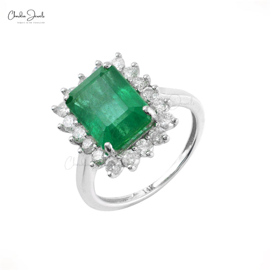Emerald Cut 2.10 Carat Diamond Three Stone Halo White Gold Engagement – NAGI