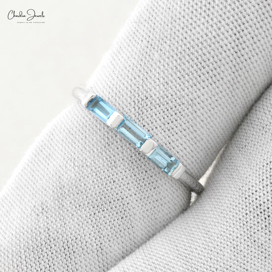 March Birthstone Genuine Aquamarine Ring 14k Solid White Gold 0.24Ct Baguette Cut Gemstone Ring For Birthday Gift