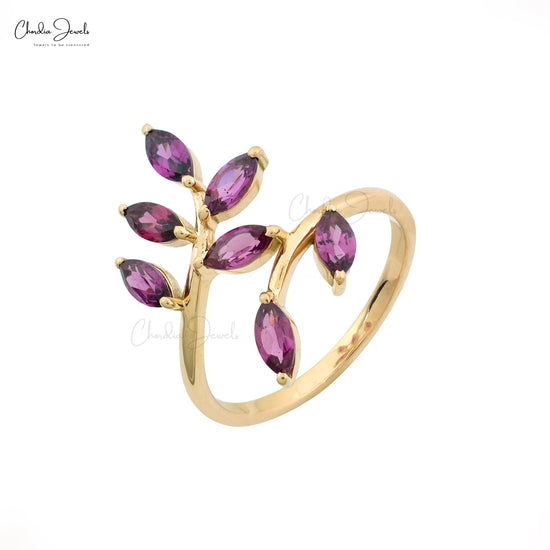 Gemstone Leaf Ring In 14k Yellow Gold Rhodolite Garnet 1.19 Ct Seven Stone Unique Rings