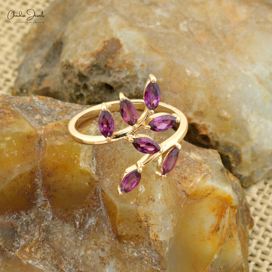 Gemstone Leaf Ring In 14k Yellow Gold Rhodolite Garnet 1.19 Ct Seven Stone Unique Rings