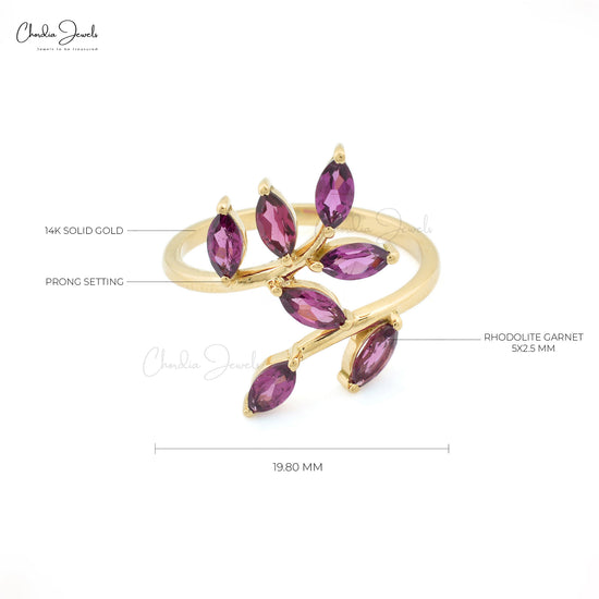 Gemstone Leaf Ring In 14k Yellow Gold Rhodolite Garnet 1.19 Ct Seven Stone Unique Rings