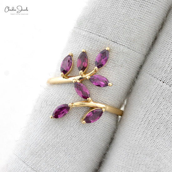 Gemstone Leaf Ring In 14k Yellow Gold Rhodolite Garnet 1.19 Ct Seven Stone Unique Rings