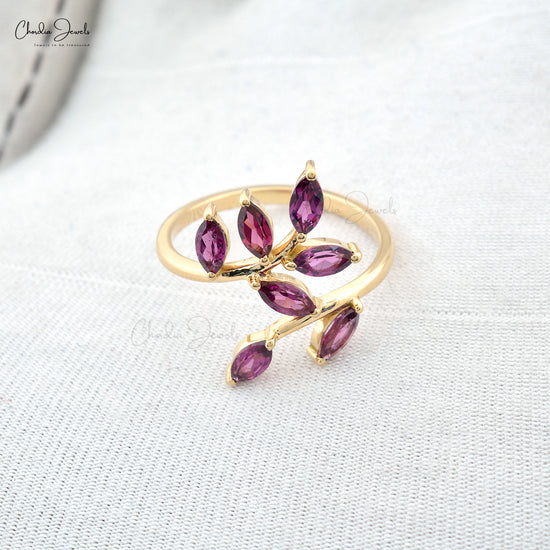 Gemstone Leaf Ring In 14k Yellow Gold Rhodolite Garnet 1.19 Ct Seven Stone Unique Rings