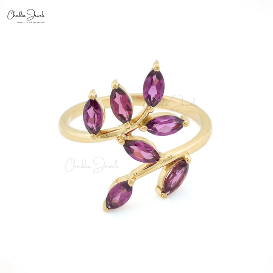 Gemstone Leaf Ring In 14k Yellow Gold Rhodolite Garnet 1.19 Ct Seven Stone Unique Rings