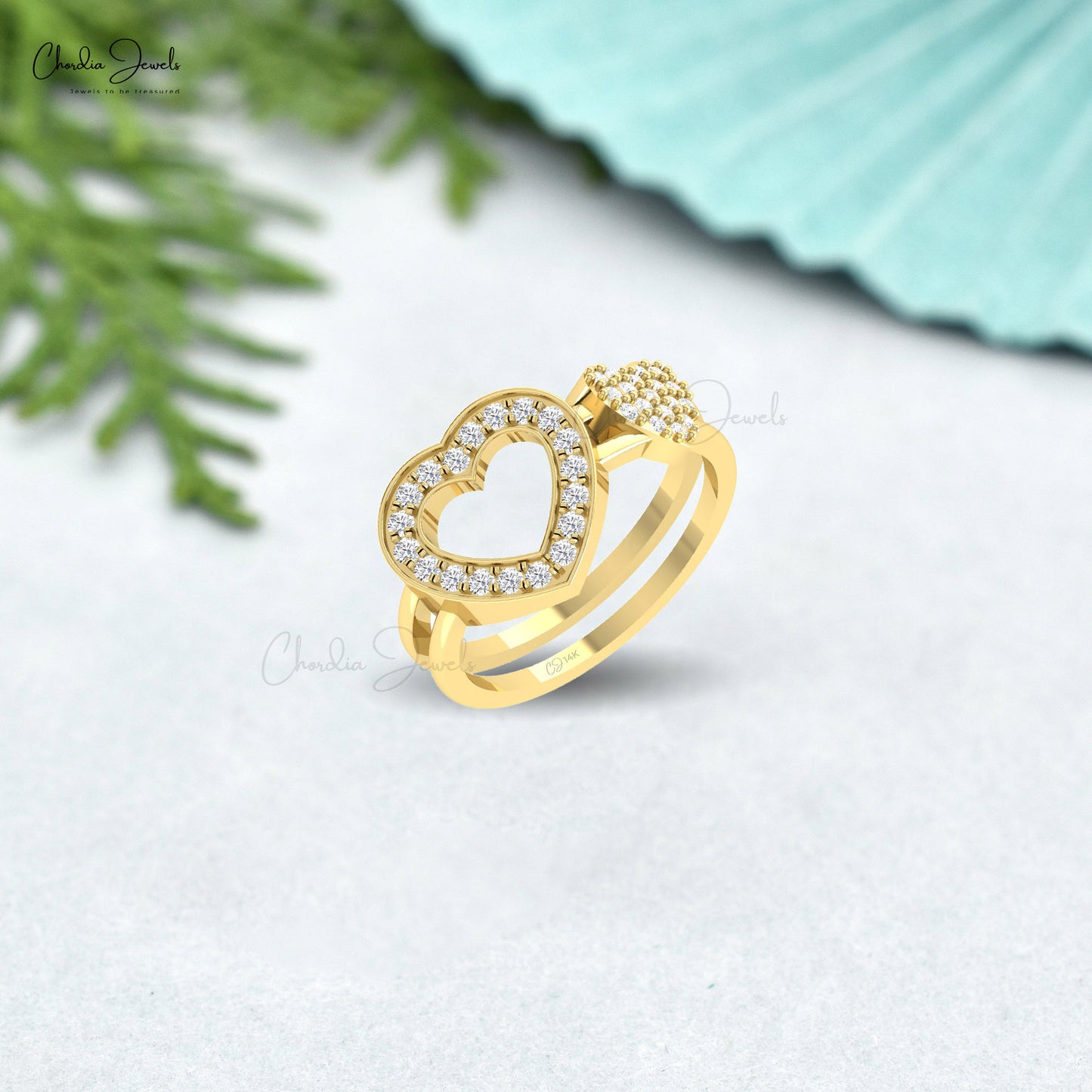 Double Heart Ring With Genuine Round White Diamond Accents In 14k Solid Gold Love Ring