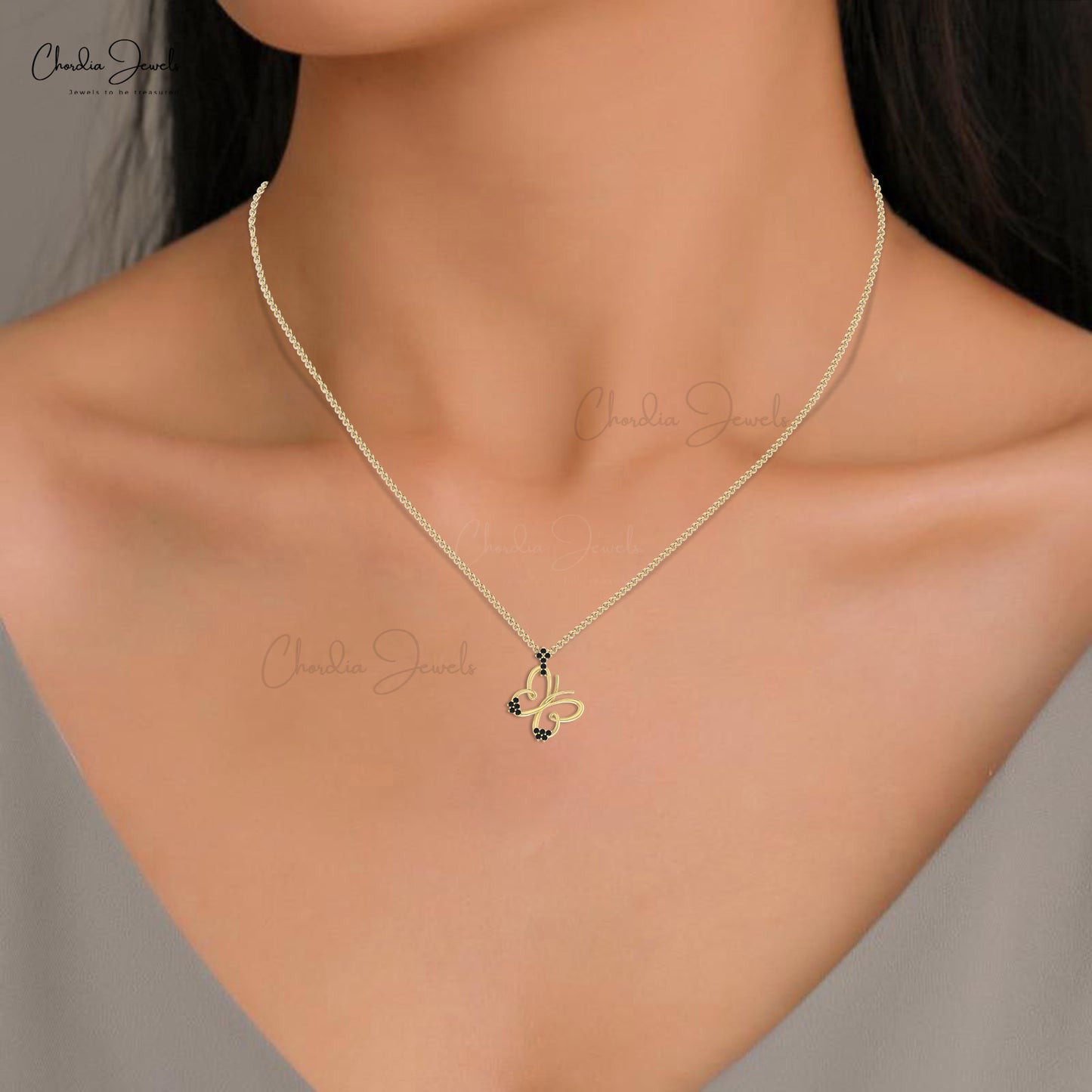 Cluster Curved Butterfly Pendant In 14k Real Gold Black Diamond Papillon Fine Jewelry