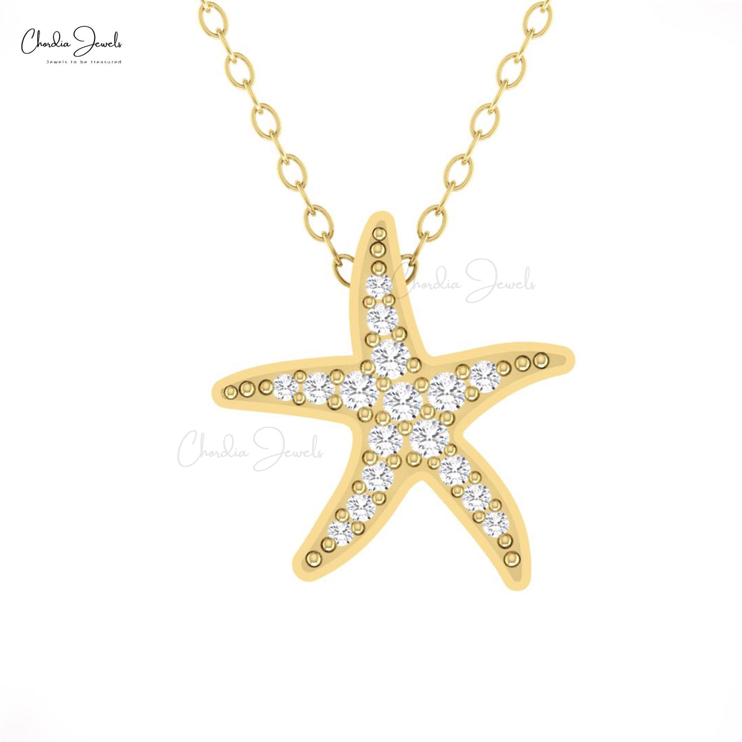 Real 14k Gold Cluster Round White Diamond Star Fish Pendant For Women