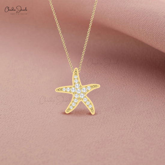 Real 14k Gold Cluster Round White Diamond Star Fish Pendant For Women