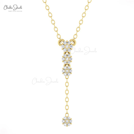 Pave Set 0.12Ct White Diamond Cluster Drop Y Shape Necklace in 14k Real Gold