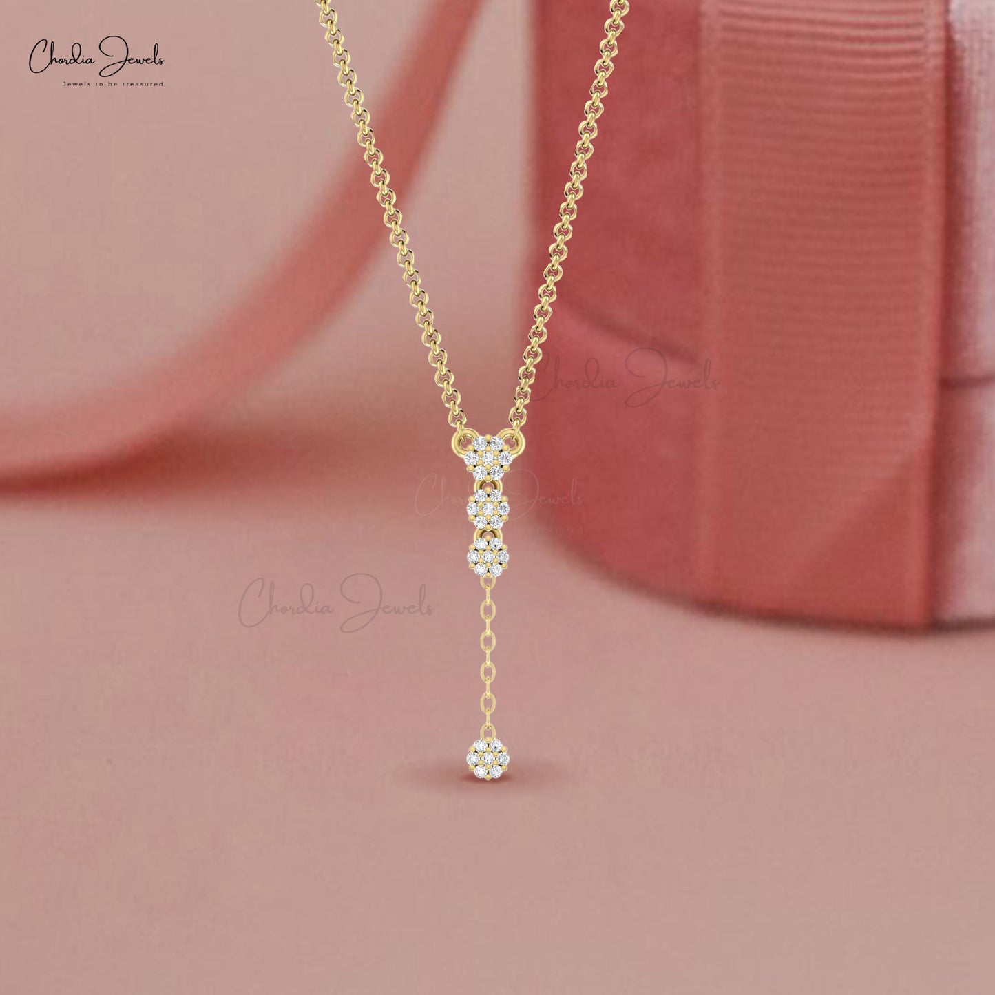 Pave Set 0.12Ct White Diamond Cluster Drop Y Shape Necklace in 14k Real Gold