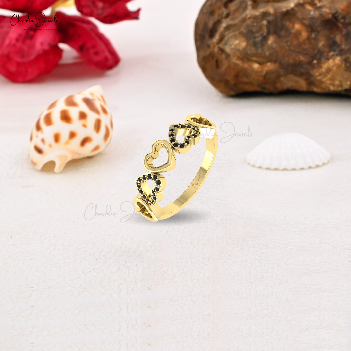 Double Heart 1mm Black Diamond Accented in 14k Solid Gold Proposal Love Ring