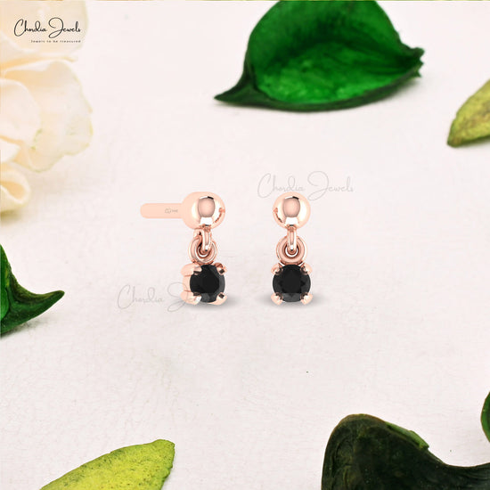 Solid 14k Gold Dangle Stone Earrings With 0.06 Ct Black Diamond Solitaire Tiny Studs