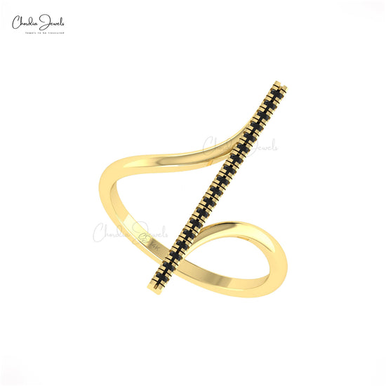 Real 14k Gold Curved Ring With 0.14 Ct Brilliant Cut Black Diamond Bar Anniversary Rings