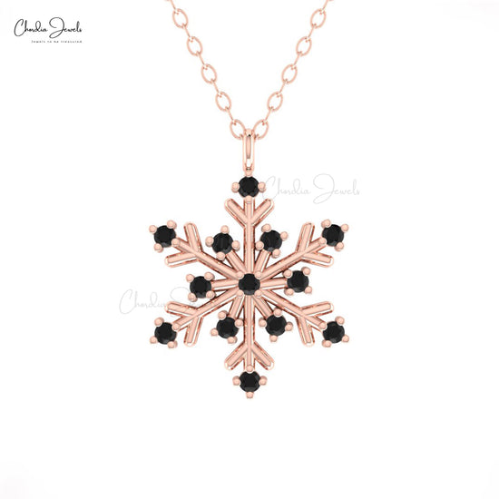 Floral 14k Real Gold 1.50mm Round Black Diamond Snowflake Pendant For Birthday