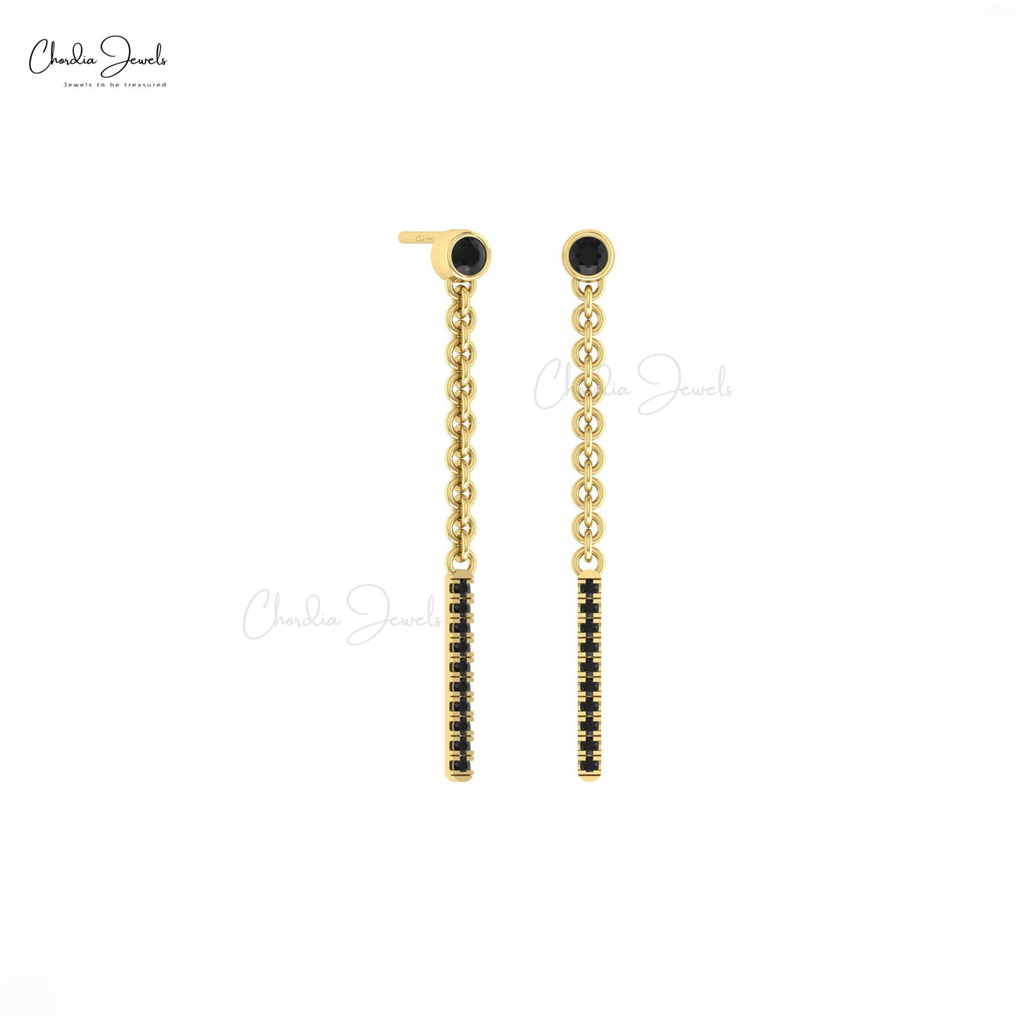 Dangle 3mm Round Black Diamond Drop Chain Bar Earrings In 14k Solid Gold Fine Jewelry