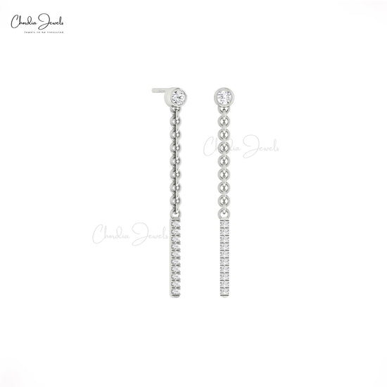 Bezel Set Dangling 0.52Ct Diamond Chain Bar Push Back Earrings In 14k Real Gold