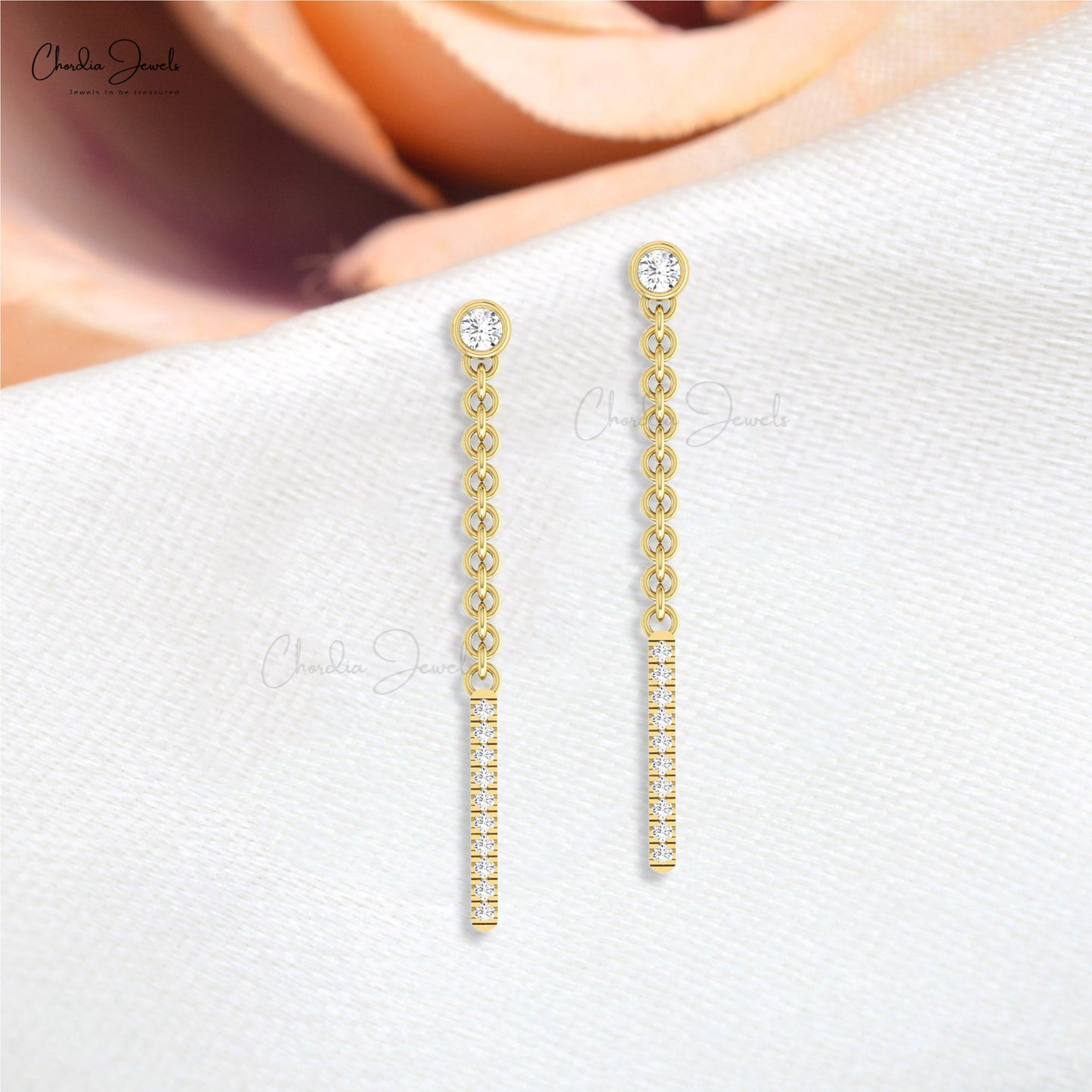 Bezel Set Dangling 0.52Ct Diamond Chain Bar Push Back Earrings In 14k Real Gold