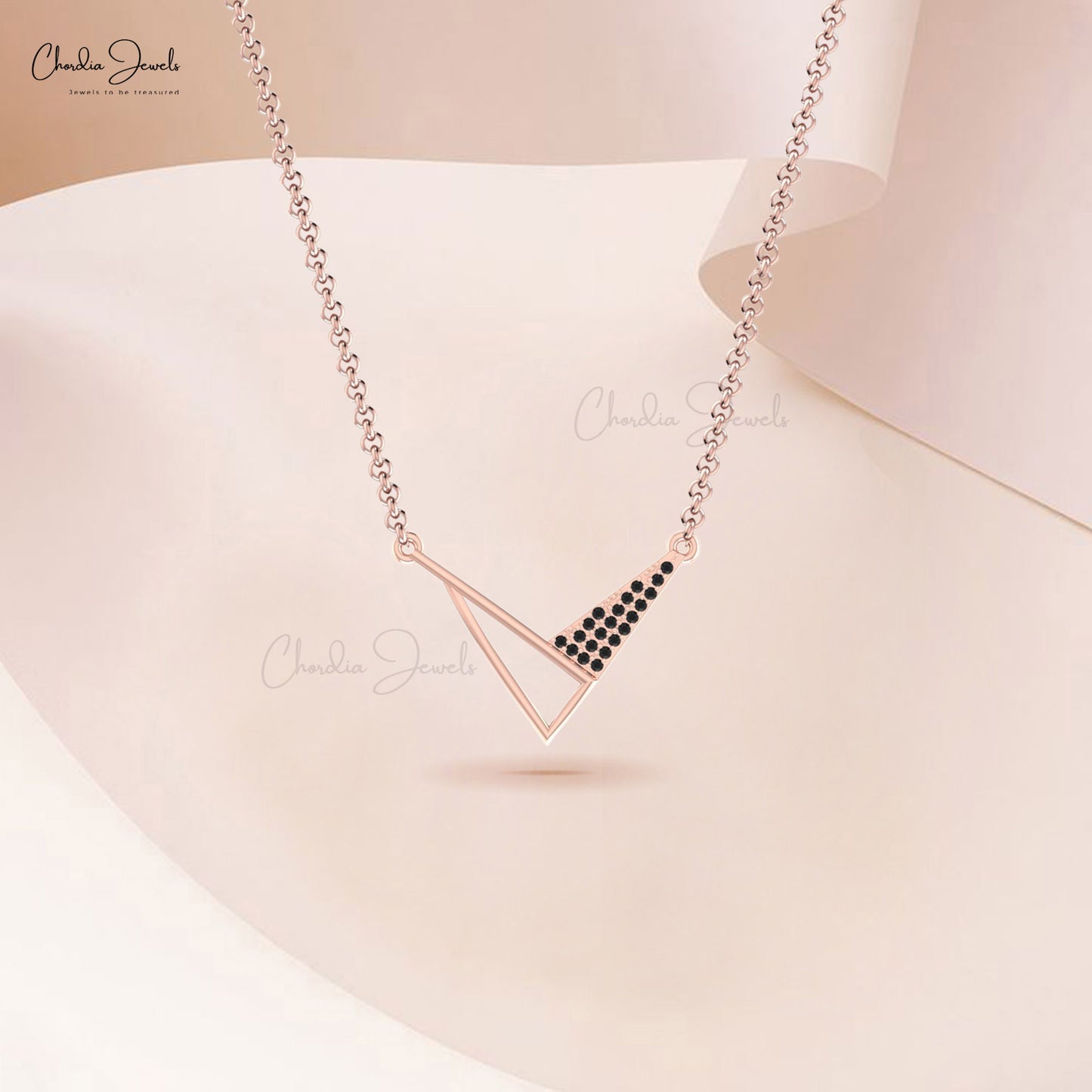 Cluster Triangle Chain Necklace With 0.10 Ct Black Diamond Pave Set In 14k Gold Jewlery