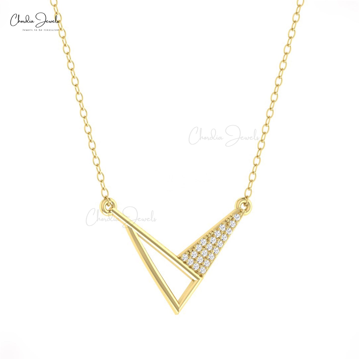 Open Close Tringle 0.10Ct Diamond Cluster Chain Necklace In Real 14k Gold