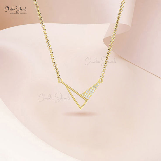 Open Close Tringle 0.10Ct Diamond Cluster Chain Necklace In Real 14k Gold