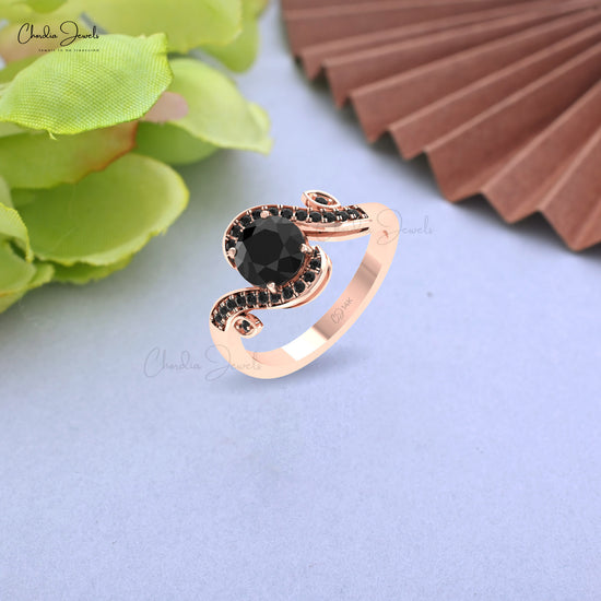 Floral Unique Ring With 1.39 Ct Round Black Diamond Engagement Wave Ring