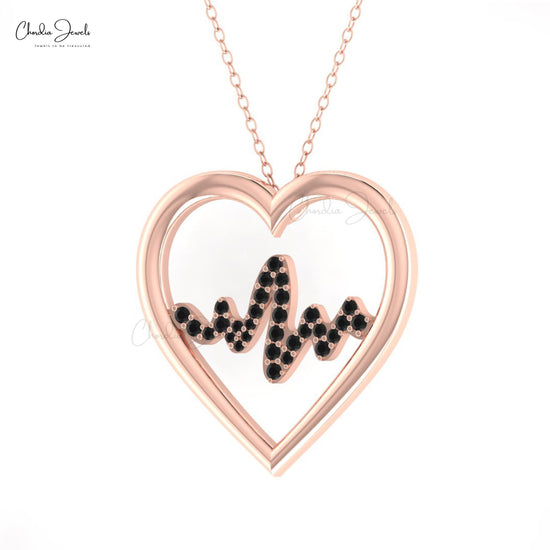 AAA Black Diamond Heartbeat Pendant With 14k Pure Gold Pave Set Love Fine Jewelry