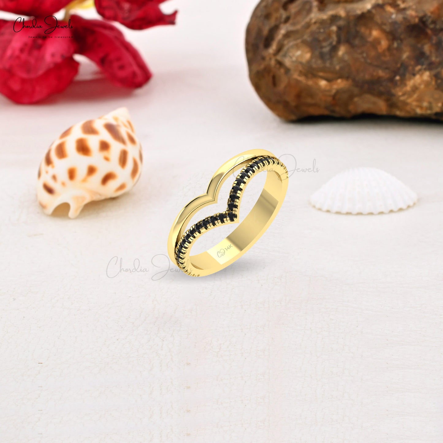 Solid 14k Gold Chevron Dual Band With 1.20mm Black Diamond Wishbone Wedding Ring