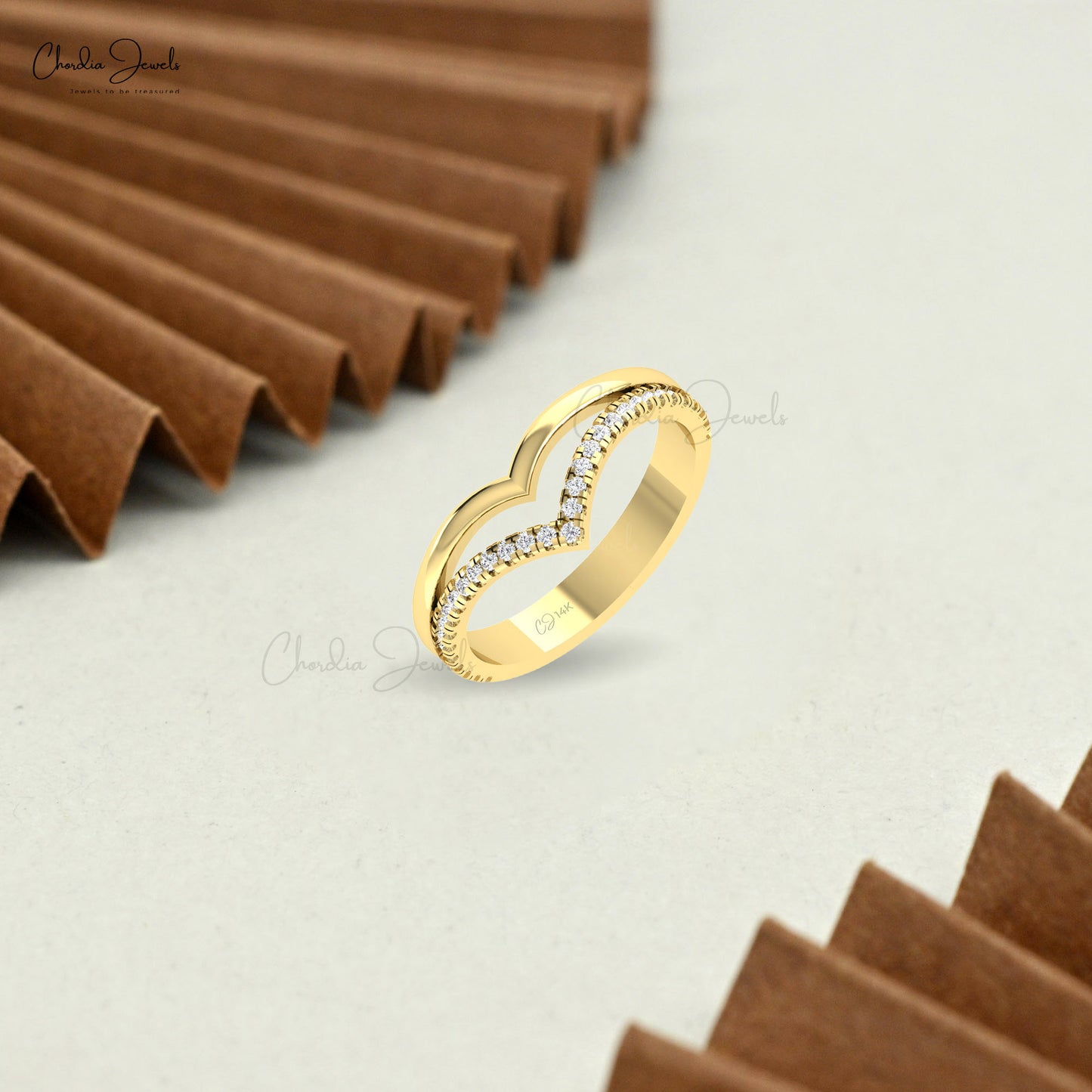 Double Chevron Women Ring With 0.25 Ct G-H Diamond Pave Set In 14k Real Gold Rings