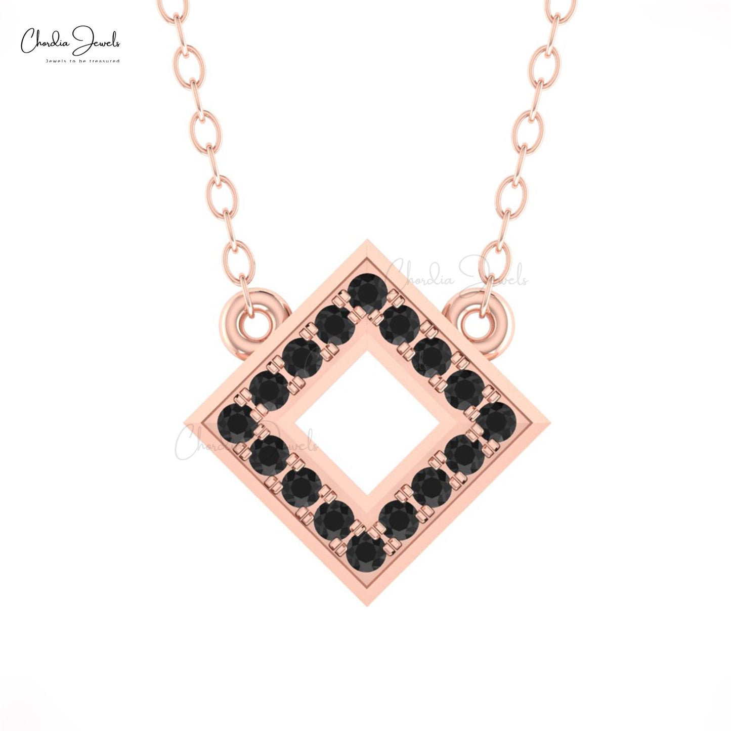 Genuine Black Diamond Open Necklace In 14k Solid Gold Square Shape Fine Jewelry For Mom