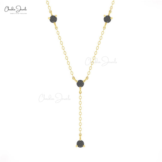 Y Drop 3mm Round Black Diamond 4 Stone 14k Real Gold Lariat Necklace For Her