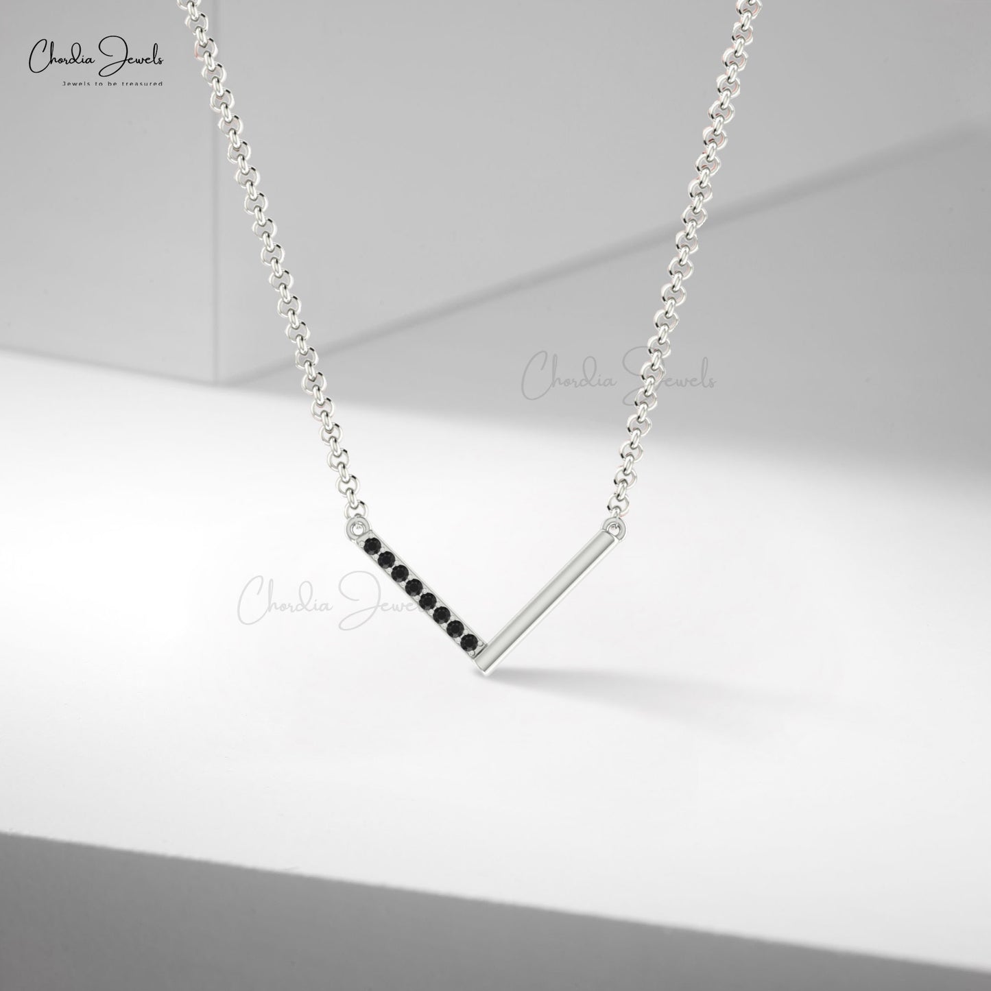 Pave Set 0.12Ct Black Diamond V Shape Accents In 14k Real Gold Chevron Bar Necklace