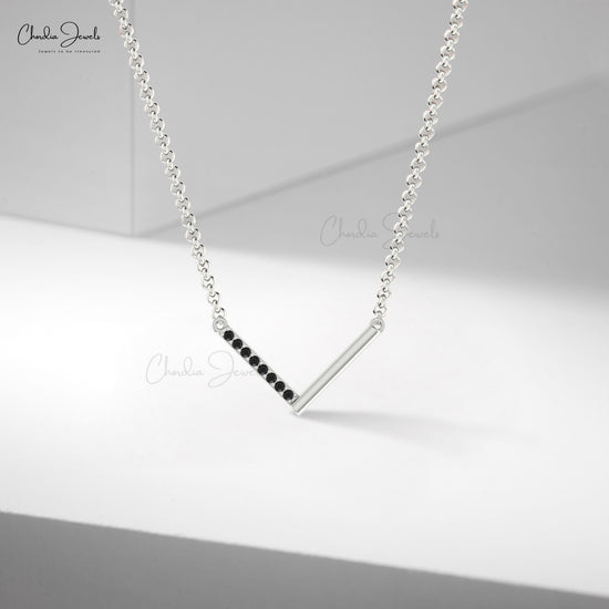 Pave Set 0.12Ct Black Diamond V Shape Accents In 14k Real Gold Chevron Bar Necklace