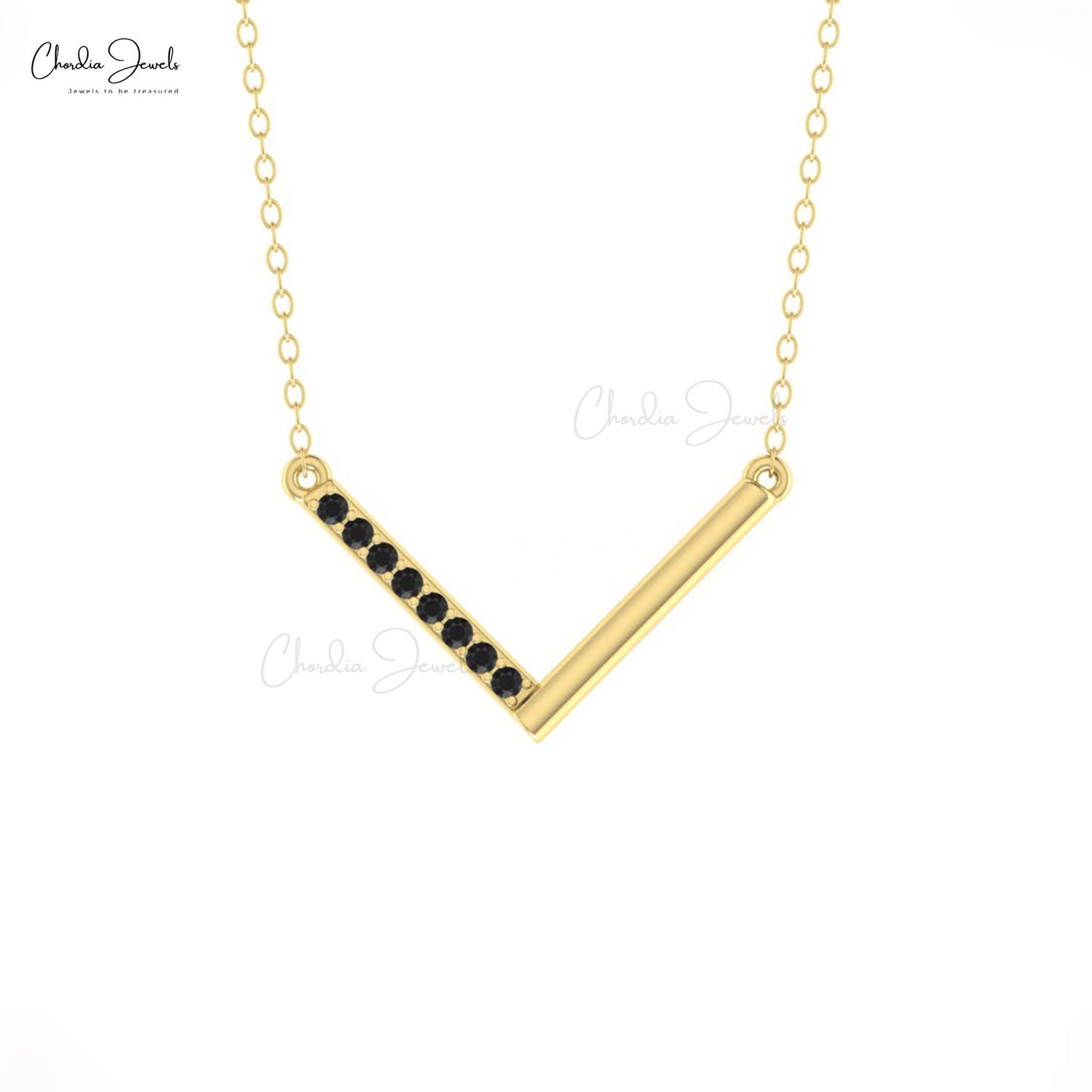 Pave Set 0.12Ct Black Diamond V Shape Accents In 14k Real Gold Chevron Bar Necklace