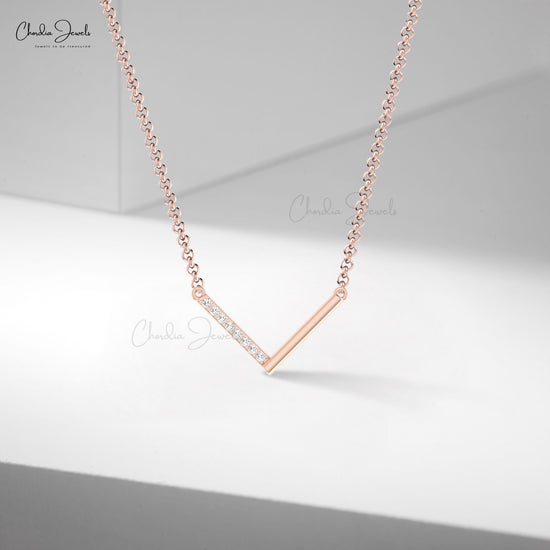 V Shape Bar Dainty Necklace With 0.12 Ct White Diamond Chain Necklace In 14k Solid Gold