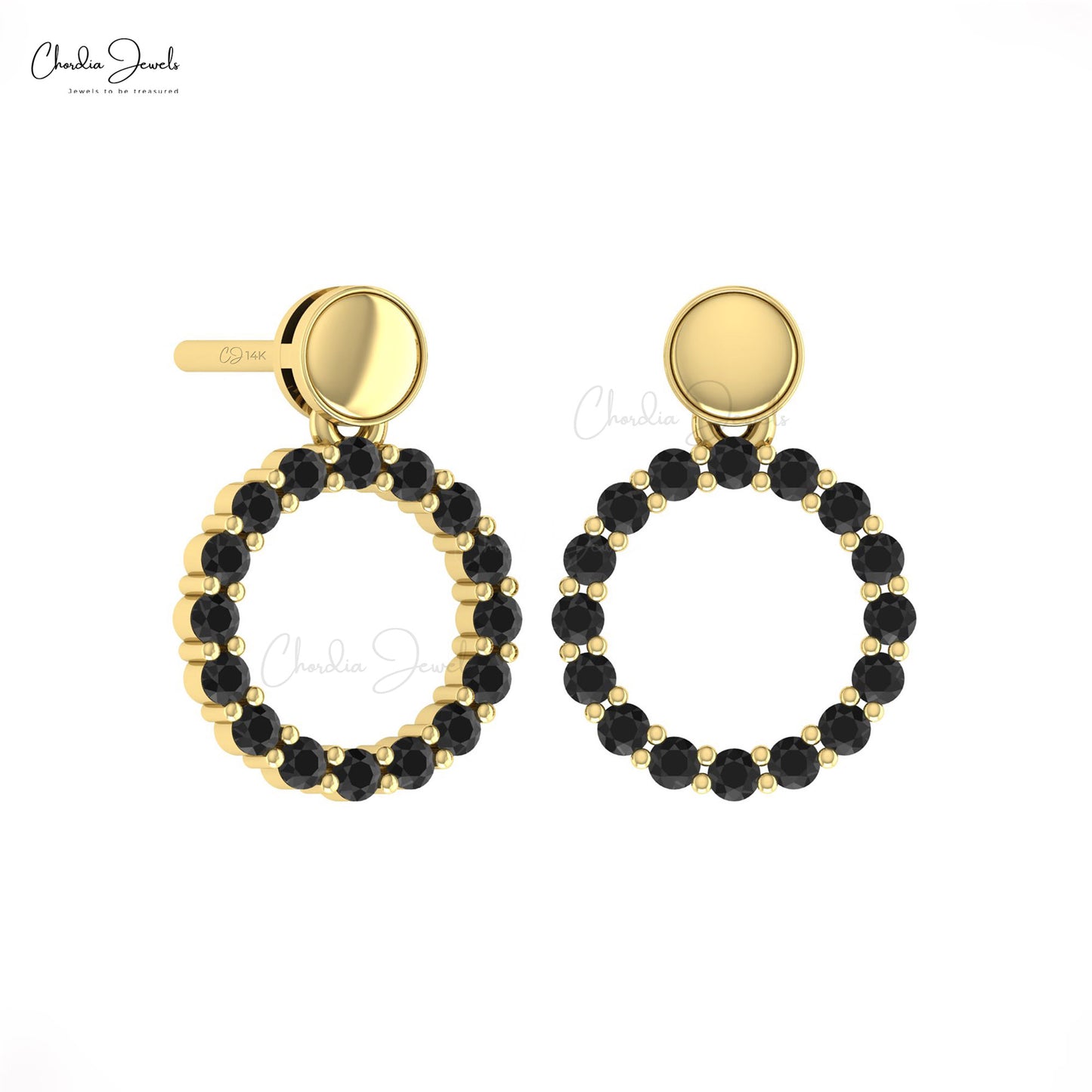 Pave Set 1.5mm Black Diamond Accented In Solid 14k Gold Open Circle Drop Earrings