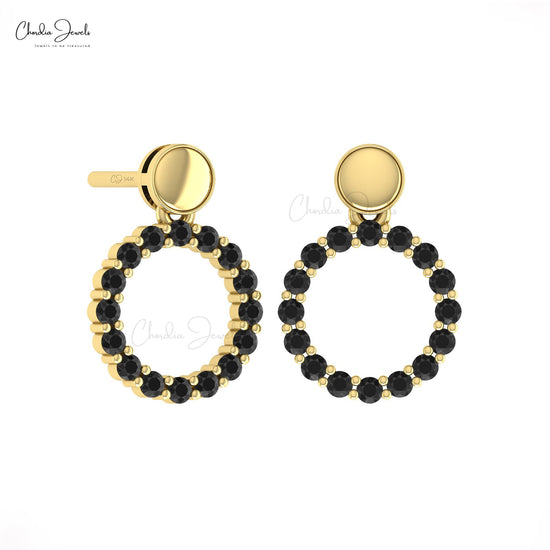 Pave Set 1.5mm Black Diamond Accented In Solid 14k Gold Open Circle Drop Earrings