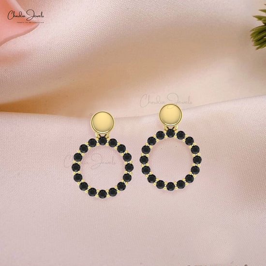 Pave Set 1.5mm Black Diamond Accented In Solid 14k Gold Open Circle Drop Earrings