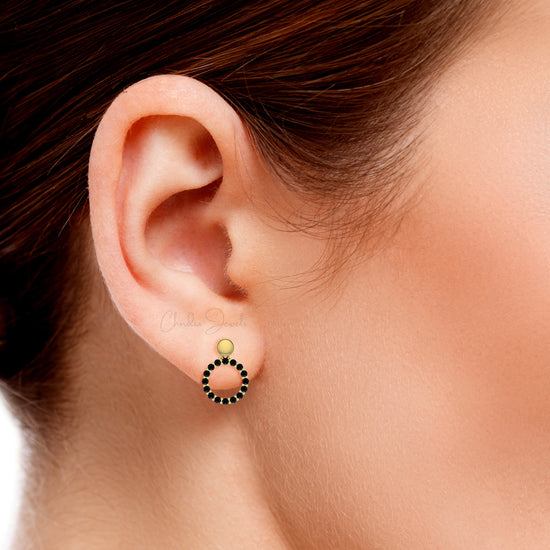 Pave Set 1.5mm Black Diamond Accented In Solid 14k Gold Open Circle Drop Earrings