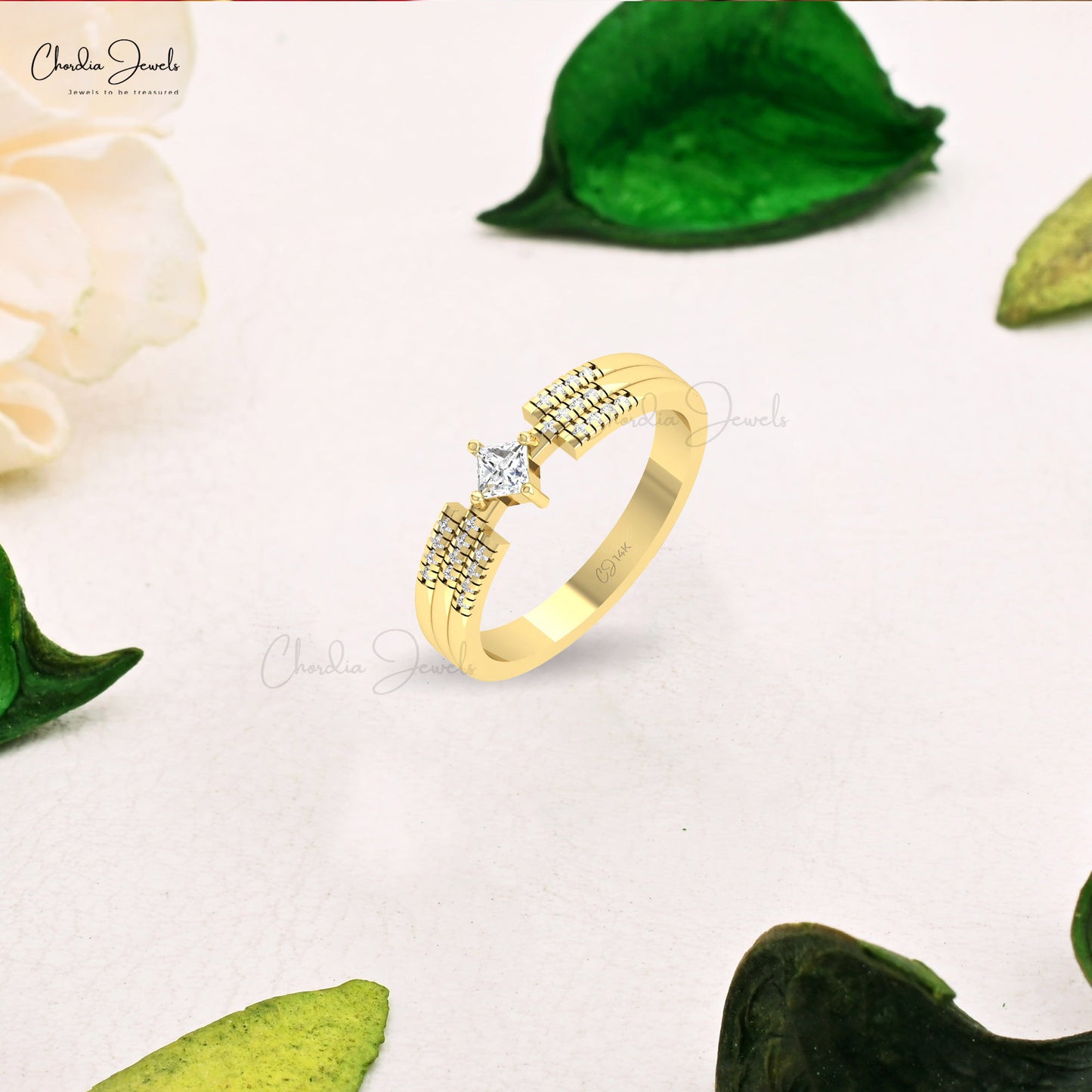 Dual Band Ring With 3mm Square White Diamond Accents In 14k Solid Gold Engagement Ring