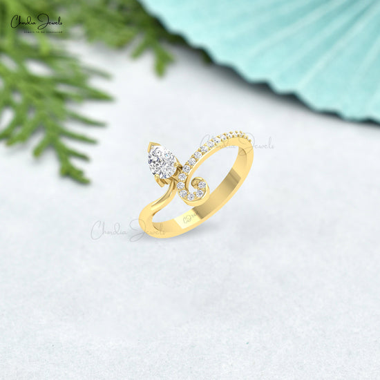 Leaf Bypass Ring With 6x3mm Pear White Diamond Accents In 14k Solid Gold Curved Ring